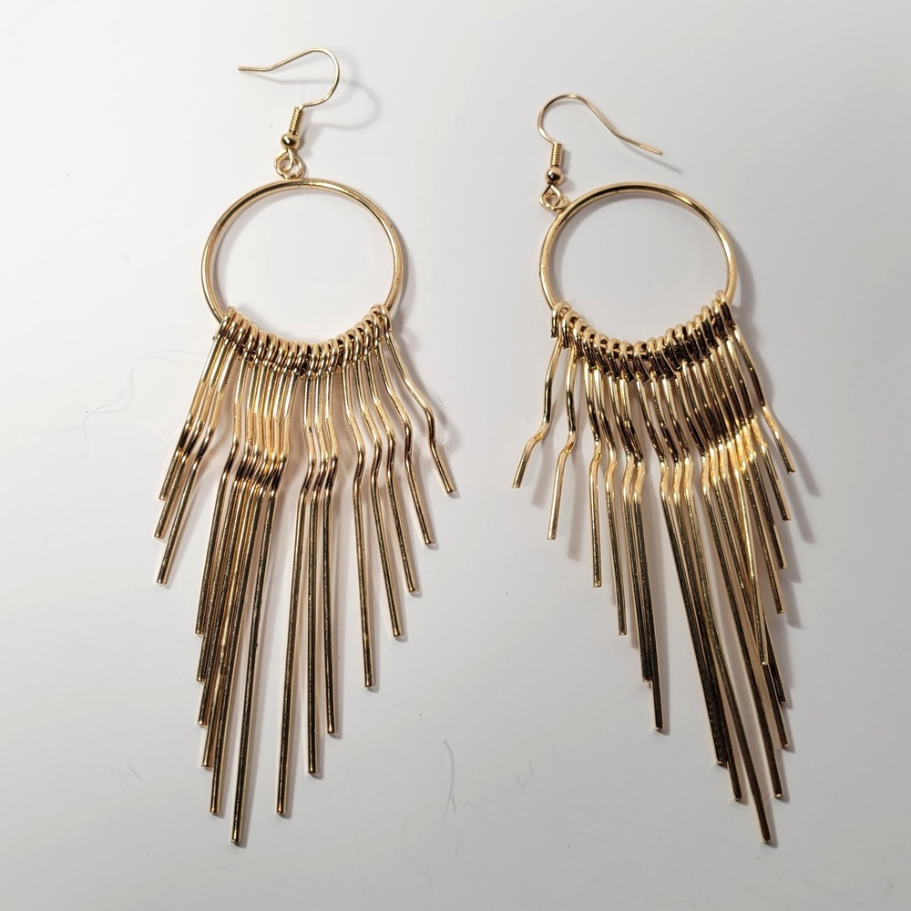 Gold Tone Tiered Fringe Chandelier Statement Hoop Earrings 4 Inch‎ Drop